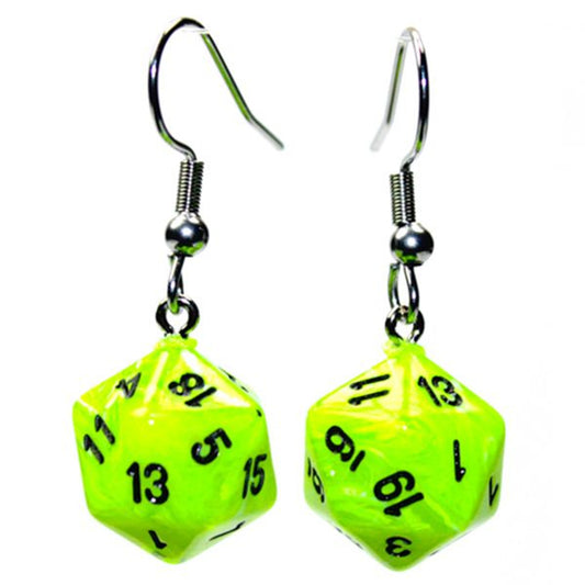 Dice - Earrings, hook, mini D20, bright green